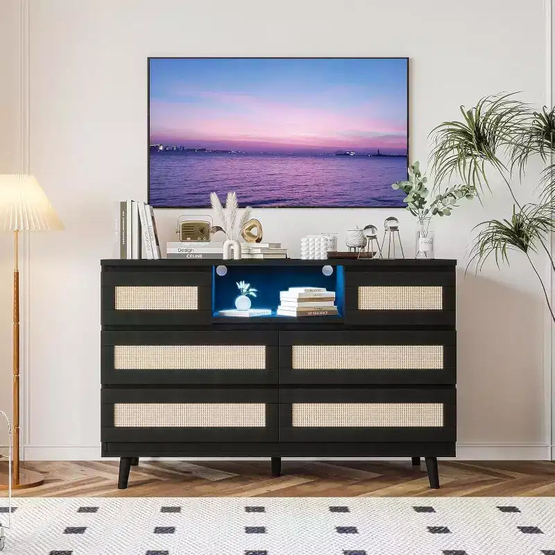 Modern Rattan Dresser with LED Lighting and Charging Station, 6-Drawer Chest