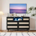 Modern Rattan Dresser with LED Lighting and Charging Station, 6-Drawer Chest