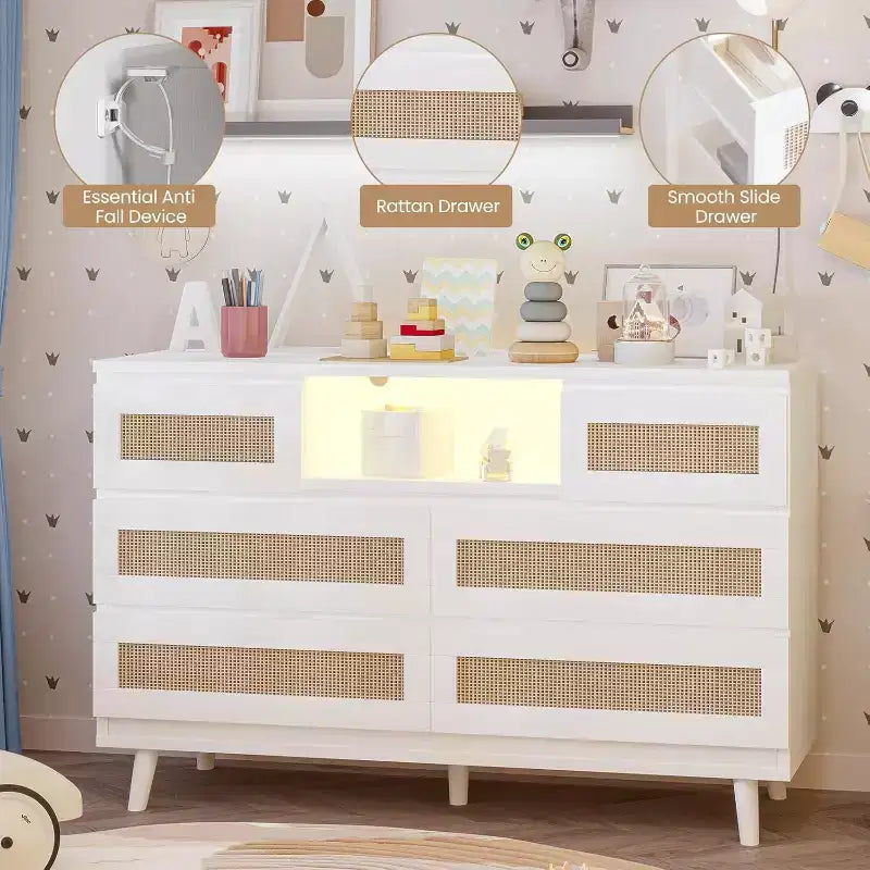 Modern Rattan Dresser with LED Lighting and Charging Station, 6-Drawer Chest