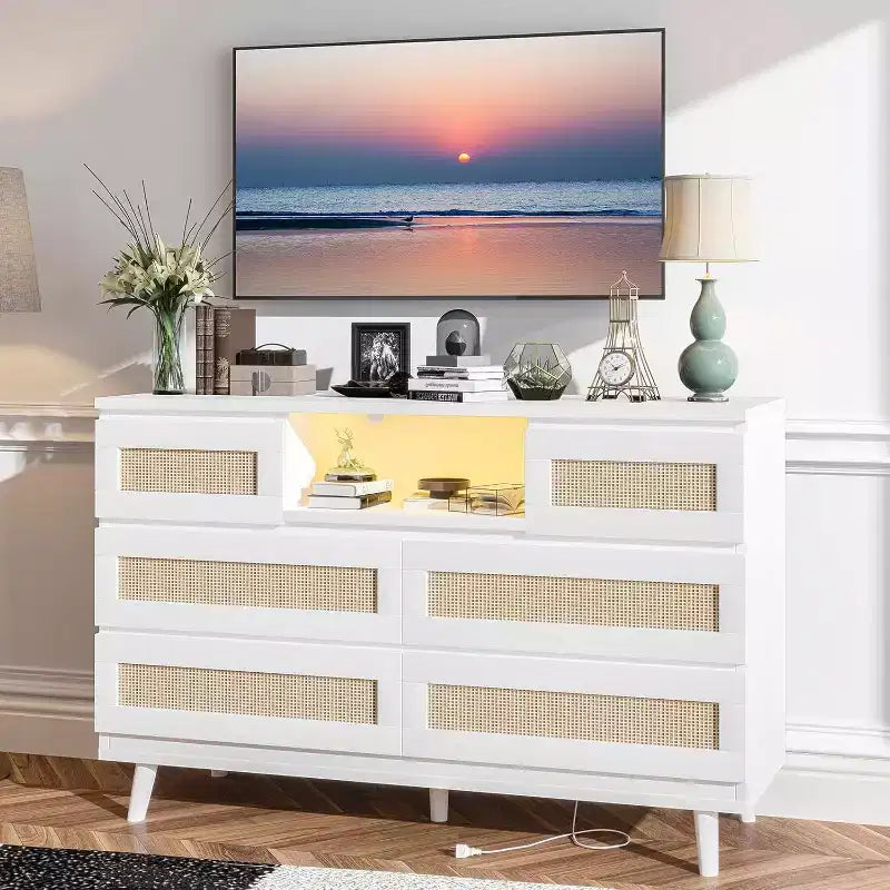 Modern Rattan Dresser with LED Lighting and Charging Station, 6-Drawer Chest