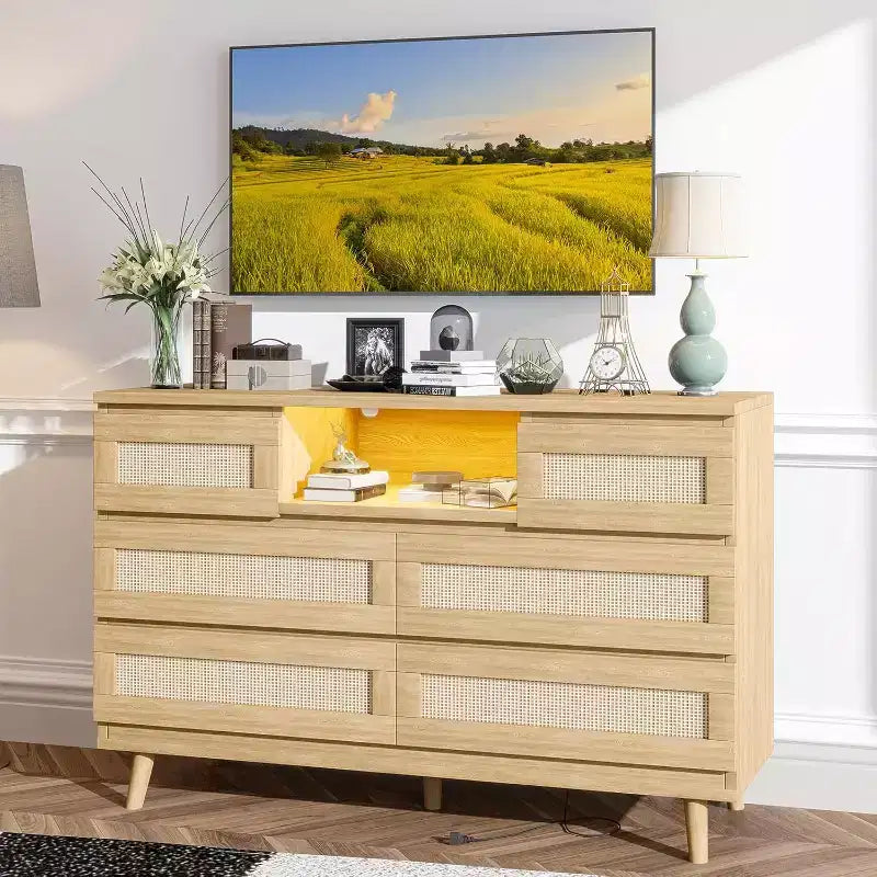 Modern Rattan Dresser with LED Lighting and Charging Station, 6-Drawer Chest