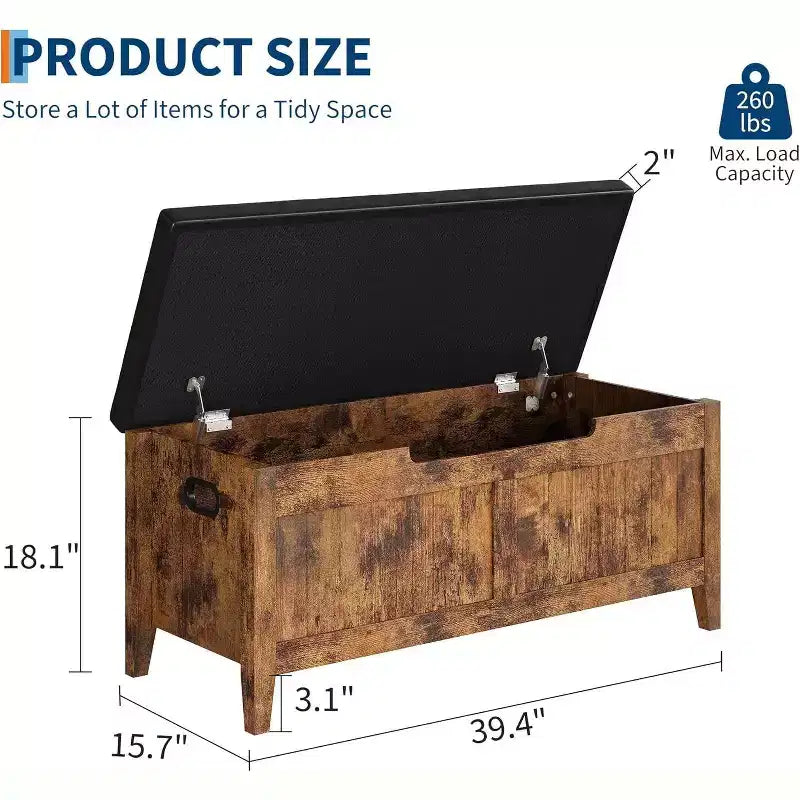 39" Storage Bench with Cushion Seat and Safety Hinges – Entryway & Bedroom Shoe Organizer