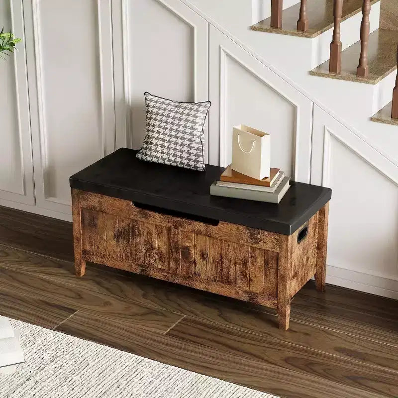 39" Storage Bench with Cushion Seat and Safety Hinges – Entryway & Bedroom Shoe Organizer