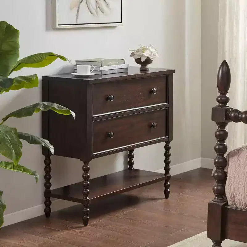 Farmhouse Solid Wood 2-Drawer Accent Chest with Shelf