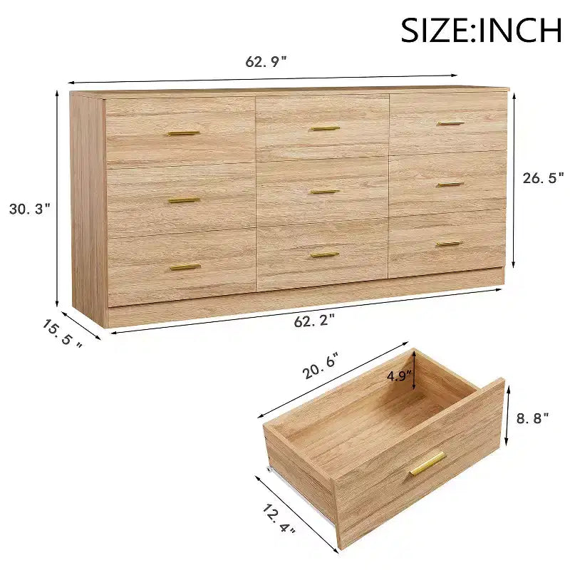 8/9-Drawer Dresser with Gold Handles – Wide Bedroom Storage Chest