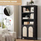 70-Inch Bookshelf with Rattan Door Cabinet, 3-Tier Open Shelves, Black