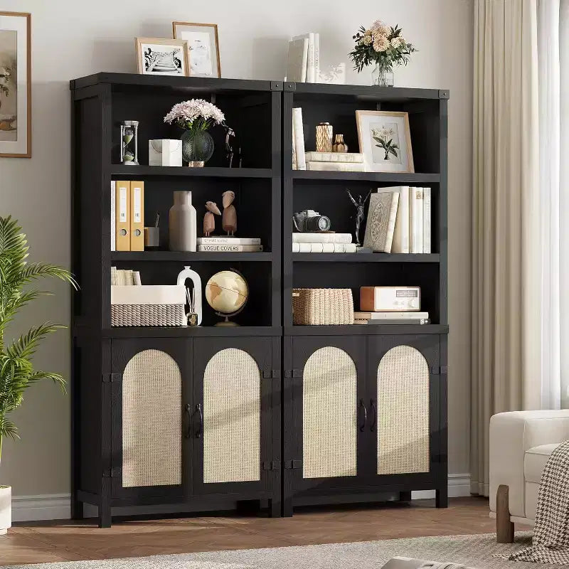70-Inch Bookshelf with Rattan Door Cabinet, 3-Tier Open Shelves, Black