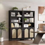 70-Inch Bookshelf with Rattan Door Cabinet, 3-Tier Open Shelves, Black