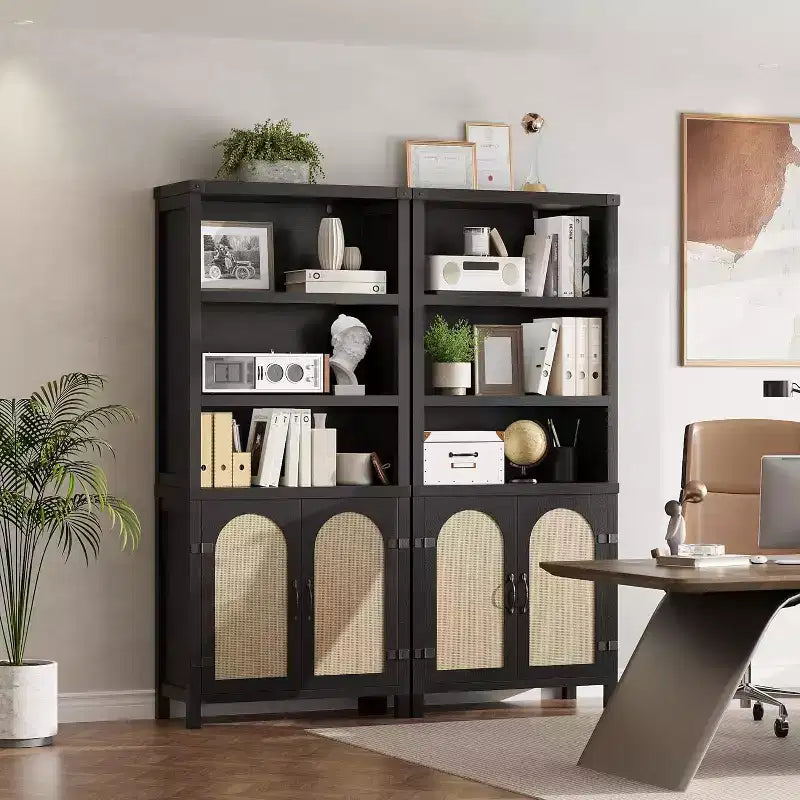 70-Inch Bookshelf with Rattan Door Cabinet, 3-Tier Open Shelves, Black