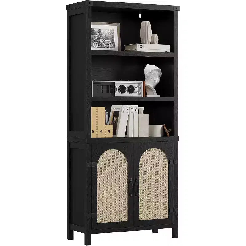 70-Inch Bookshelf with Rattan Door Cabinet, 3-Tier Open Shelves, Black