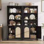 70-Inch Bookshelf with Rattan Door Cabinet, 3-Tier Open Shelves, Black