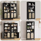 70-Inch Bookshelf with Rattan Door Cabinet, 3-Tier Open Shelves, Black