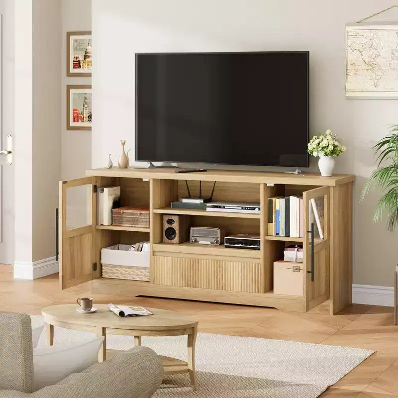 Wave Pattern TV Stand with Glass Door Cabinets – Fits TVs up to 72 in. (Natural)