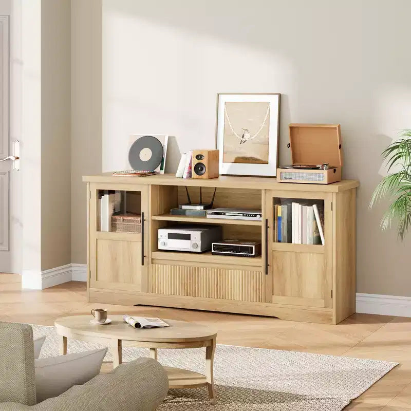 Wave Pattern TV Stand with Glass Door Cabinets – Fits TVs up to 72 in. (Natural)