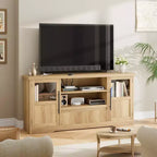 Wave Pattern TV Stand with Glass Door Cabinets – Fits TVs up to 72 in. (Natural)