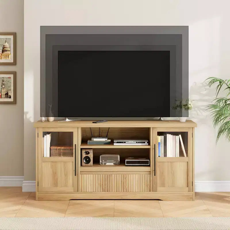 Wave Pattern TV Stand with Glass Door Cabinets – Fits TVs up to 72 in. (Natural)