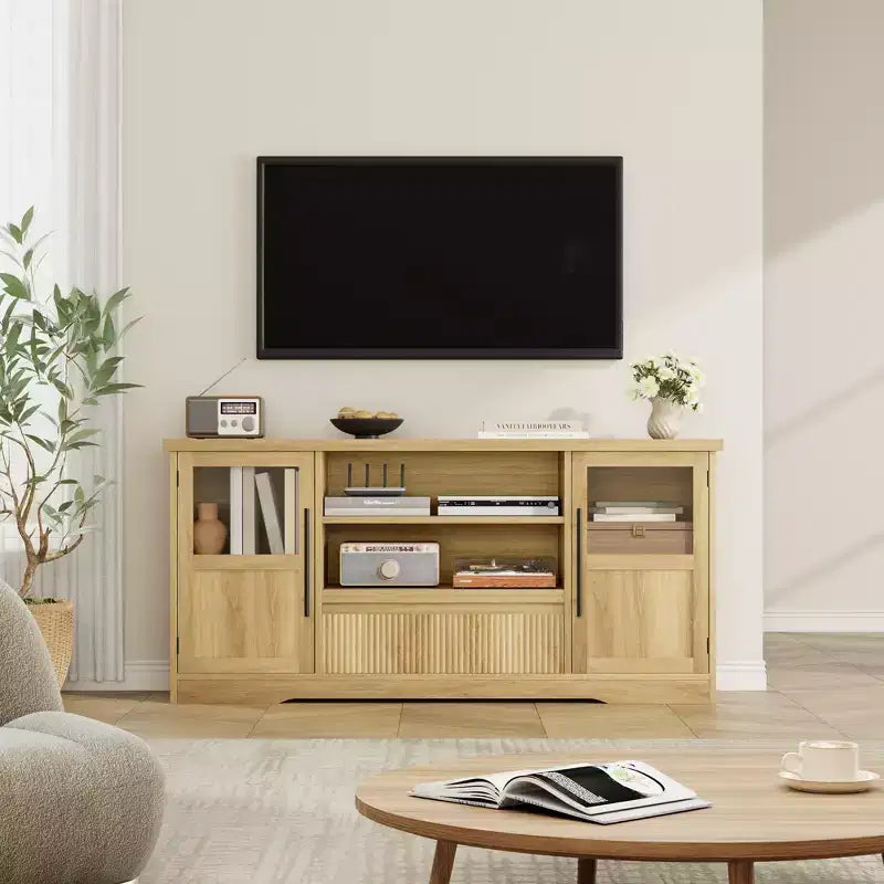 Wave Pattern TV Stand with Glass Door Cabinets – Fits TVs up to 72 in. (Natural)