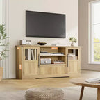 Wave Pattern TV Stand with Glass Door Cabinets – Fits TVs up to 72 in. (Natural)