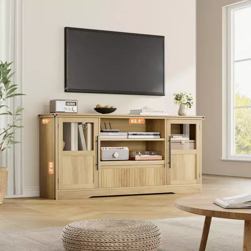 Wave Pattern TV Stand with Glass Door Cabinets – Fits TVs up to 72 in. (Natural)