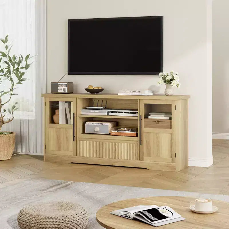 Wave Pattern TV Stand with Glass Door Cabinets – Fits TVs up to 72 in. (Natural)