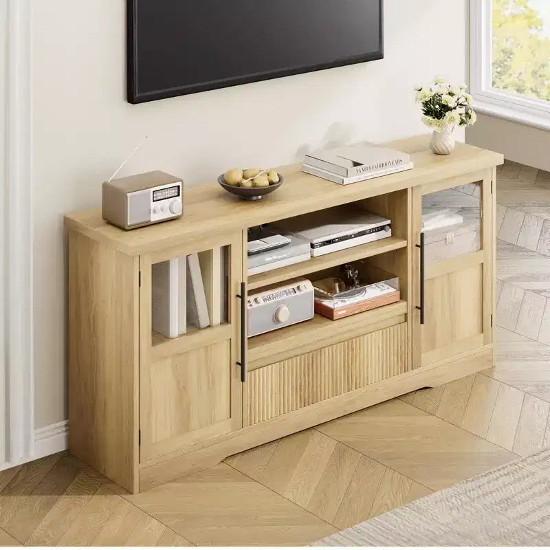 Wave Pattern TV Stand with Glass Door Cabinets – Fits TVs up to 72 in. (Natural)