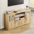 Wave Pattern TV Stand with Glass Door Cabinets – Fits TVs up to 72 in. (Natural)