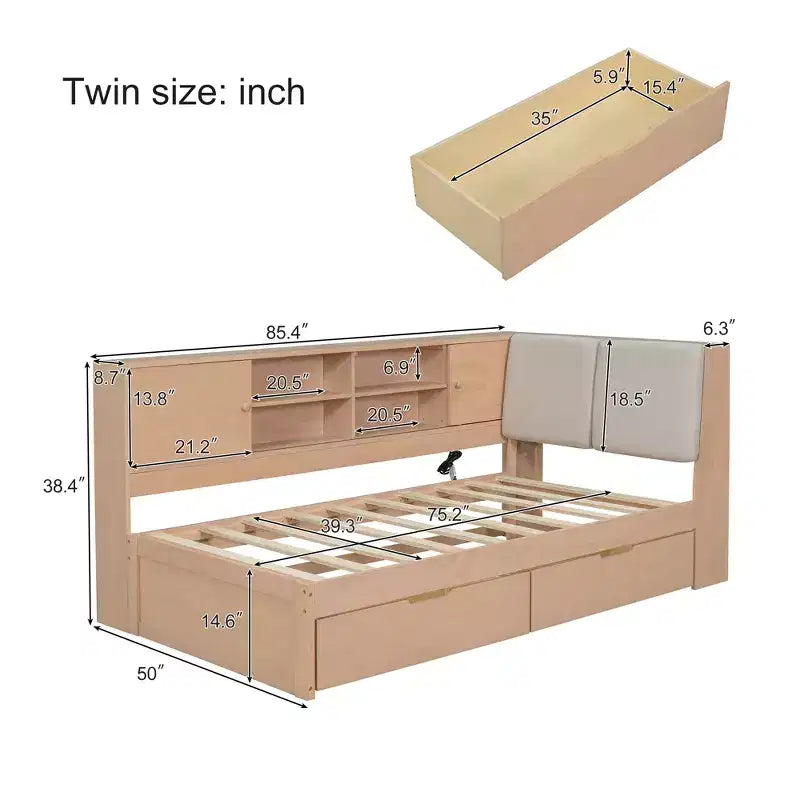 Wooden L-Shaped Daybed with Storage Headboard, USB Ports & Under-Bed Drawers