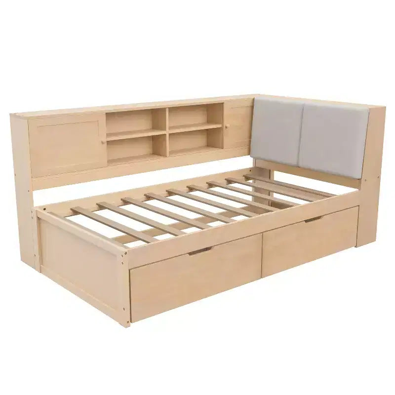 Wooden L-Shaped Daybed with Storage Headboard, USB Ports & Under-Bed Drawers