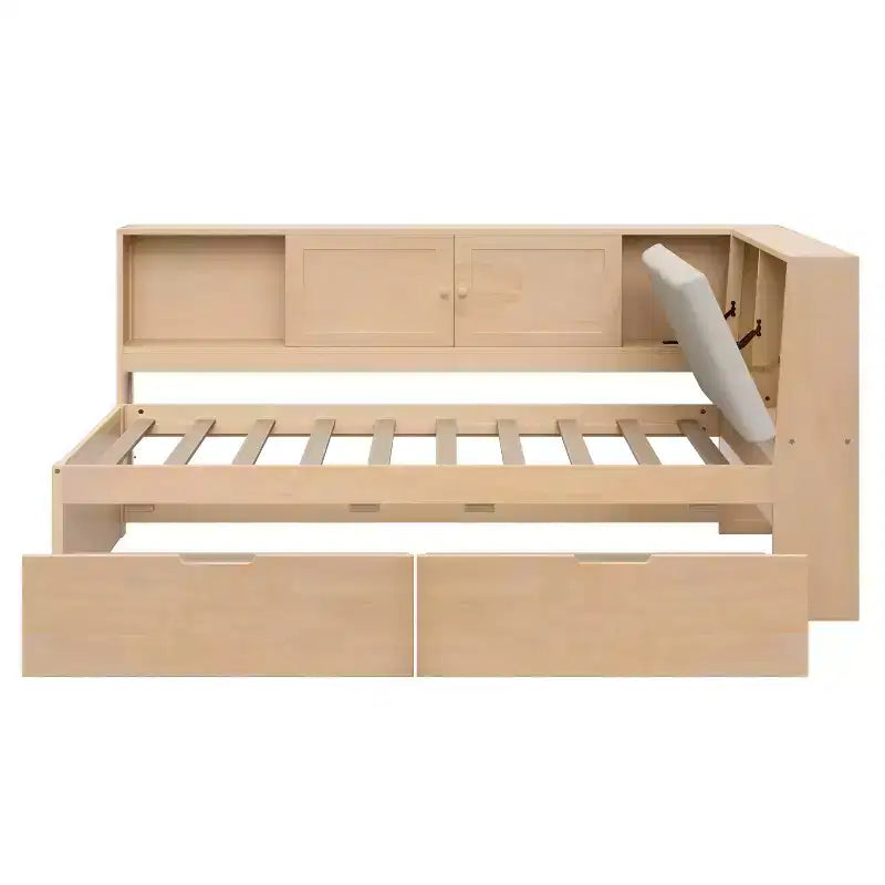 Wooden L-Shaped Daybed with Storage Headboard, USB Ports & Under-Bed Drawers
