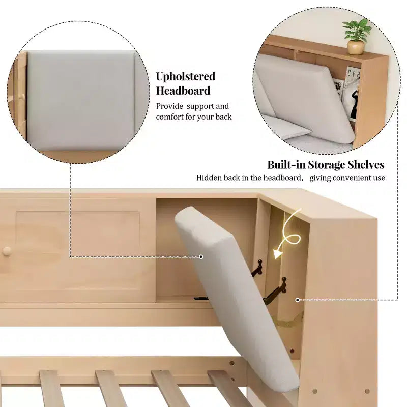 Wooden L-Shaped Daybed with Storage Headboard, USB Ports & Under-Bed Drawers