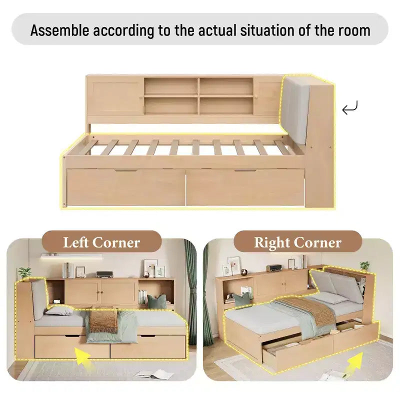 Wooden L-Shaped Daybed with Storage Headboard, USB Ports & Under-Bed Drawers