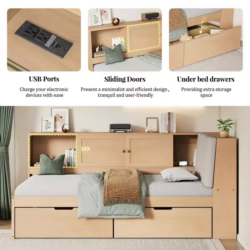Wooden L-Shaped Daybed with Storage Headboard, USB Ports & Under-Bed Drawers