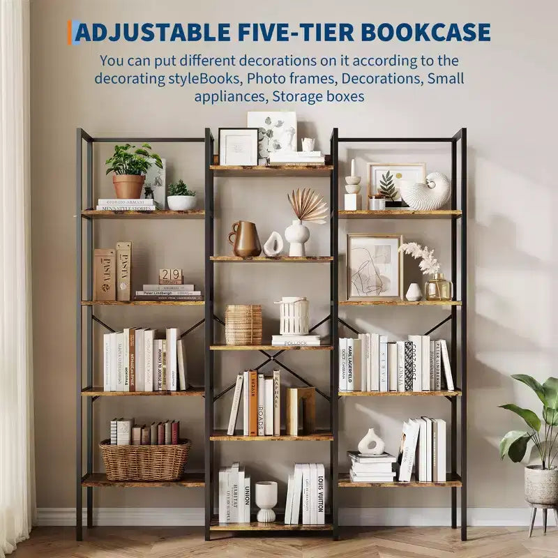 5-Tier Industrial Bookshelf with Adjustable Wood Shelves and Metal Frame