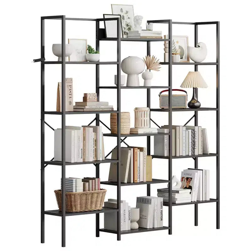 5-Tier Industrial Bookshelf with Adjustable Wood Shelves and Metal Frame
