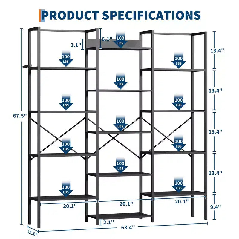 5-Tier Industrial Bookshelf with Adjustable Wood Shelves and Metal Frame