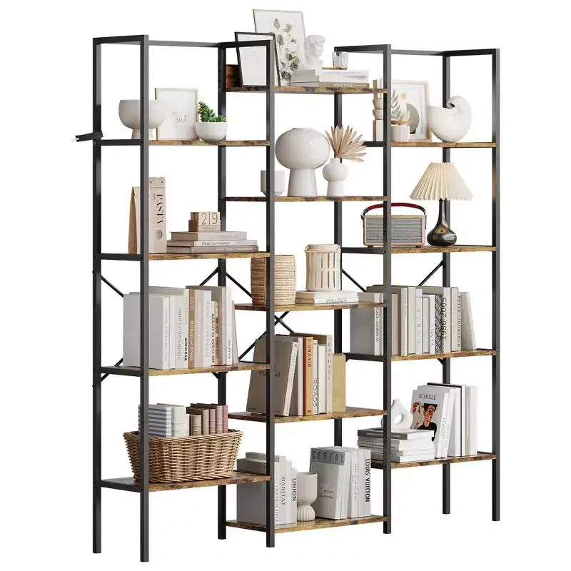 5-Tier Industrial Bookshelf with Adjustable Wood Shelves and Metal Frame