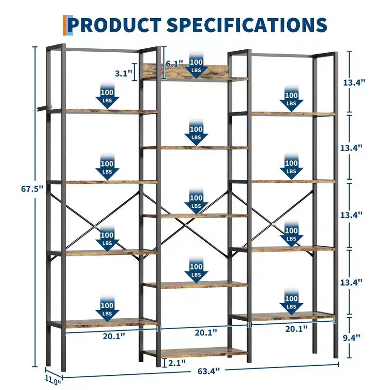 5-Tier Industrial Bookshelf with Adjustable Wood Shelves and Metal Frame