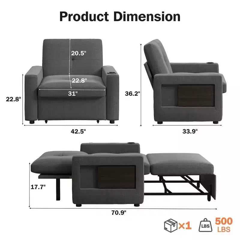 42.5" 3-in-1 Convertible Sleeper Chair with Adjustable Backrest, USB Ports and Cup Holder
