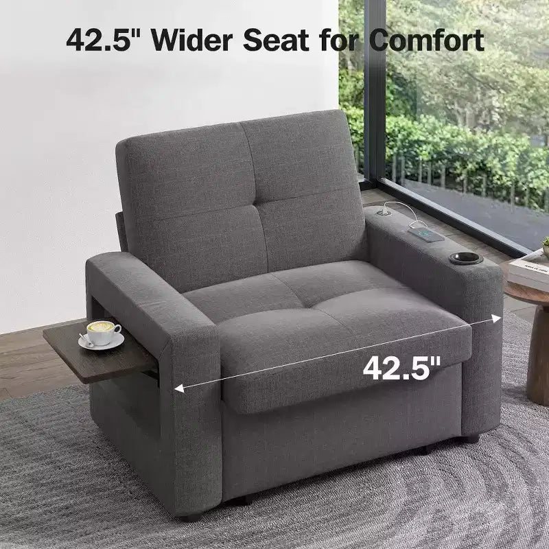42.5" 3-in-1 Convertible Sleeper Chair with Adjustable Backrest, USB Ports and Cup Holder