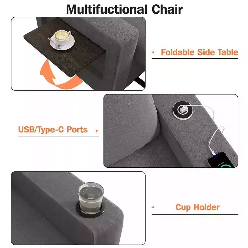 42.5" 3-in-1 Convertible Sleeper Chair with Adjustable Backrest, USB Ports and Cup Holder