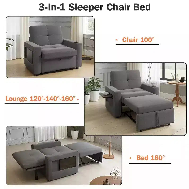 42.5" 3-in-1 Convertible Sleeper Chair with Adjustable Backrest, USB Ports and Cup Holder