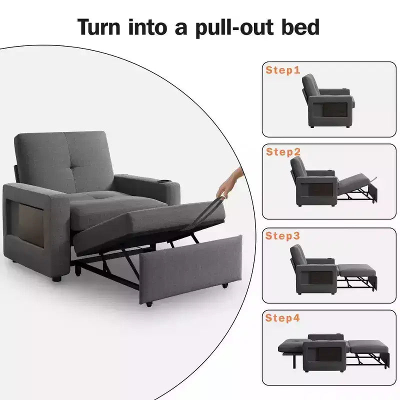 42.5" 3-in-1 Convertible Sleeper Chair with Adjustable Backrest, USB Ports and Cup Holder