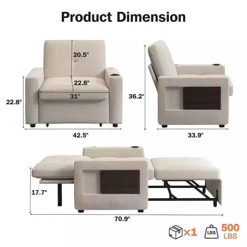 42.5" 3-in-1 Convertible Sleeper Chair with Adjustable Backrest, USB Ports and Cup Holder