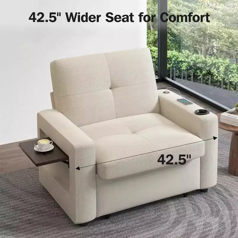 42.5" 3-in-1 Convertible Sleeper Chair with Adjustable Backrest, USB Ports and Cup Holder