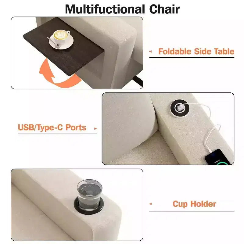 42.5" 3-in-1 Convertible Sleeper Chair with Adjustable Backrest, USB Ports and Cup Holder