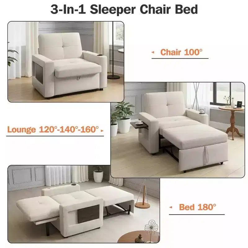 42.5" 3-in-1 Convertible Sleeper Chair with Adjustable Backrest, USB Ports and Cup Holder