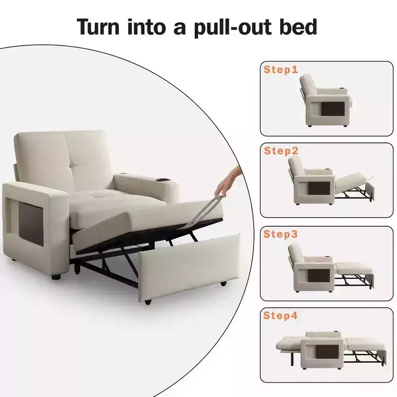 42.5" 3-in-1 Convertible Sleeper Chair with Adjustable Backrest, USB Ports and Cup Holder