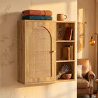 Boho Rattan Wall Cabinet with Arched Door and Open Shelf