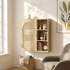 Boho Rattan Wall Cabinet with Arched Door and Open Shelf
