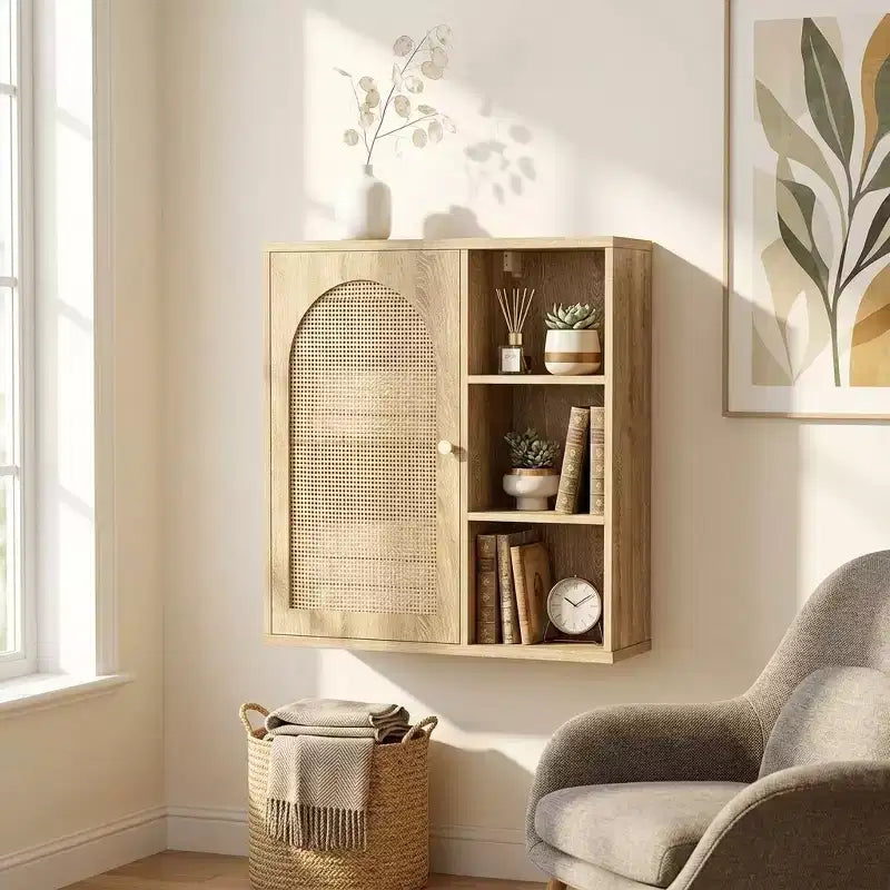 Boho Rattan Wall Cabinet with Arched Door and Open Shelf